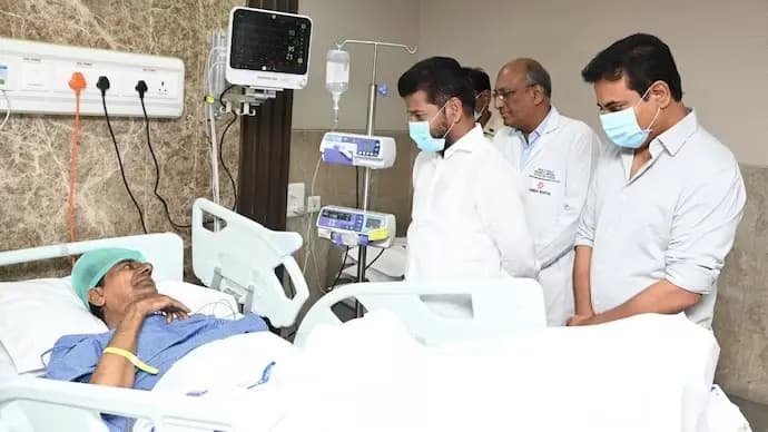 Telangana Chief Minister Revanth Reddy meets KCR at Hyderabad hospital
