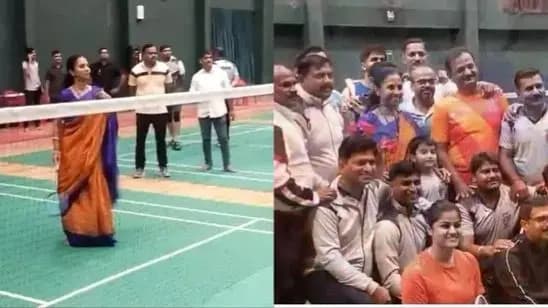 Supriya Sule plays badminton during election campaign