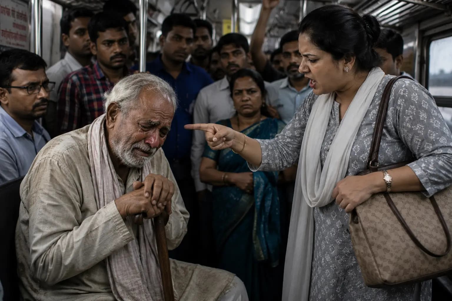 Woman slaps insults old sick man inside a train