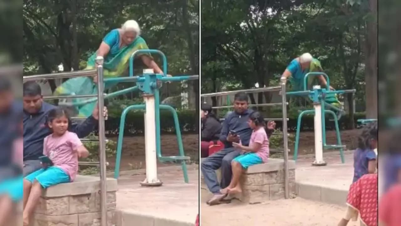 viral video of woman doing gym in a park