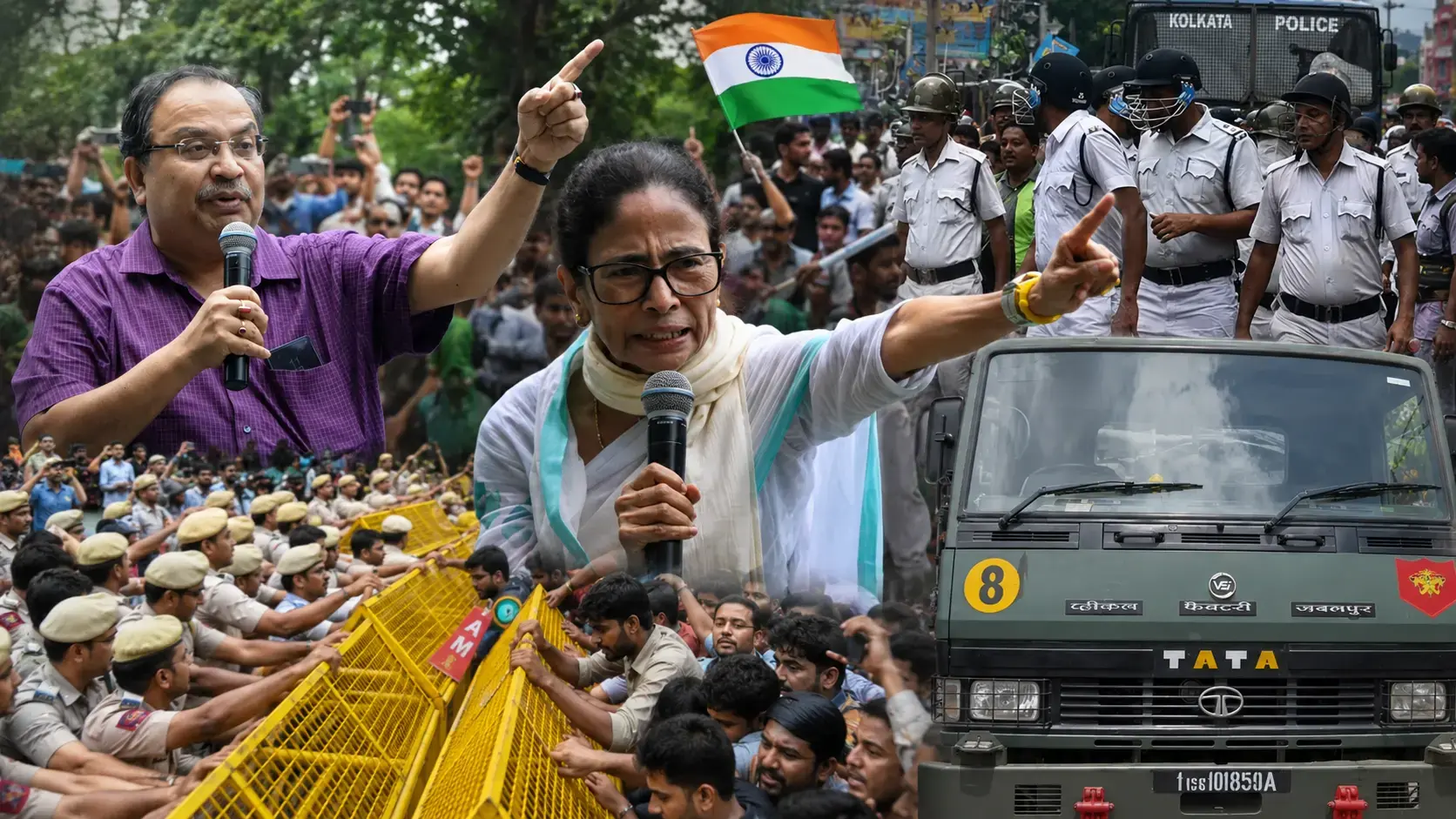 TMC: Chaos erupts on CIT Road Kunal Ghosh arrested Mamata Banerjee arrives holding the Constitution demanding to Save Democracy